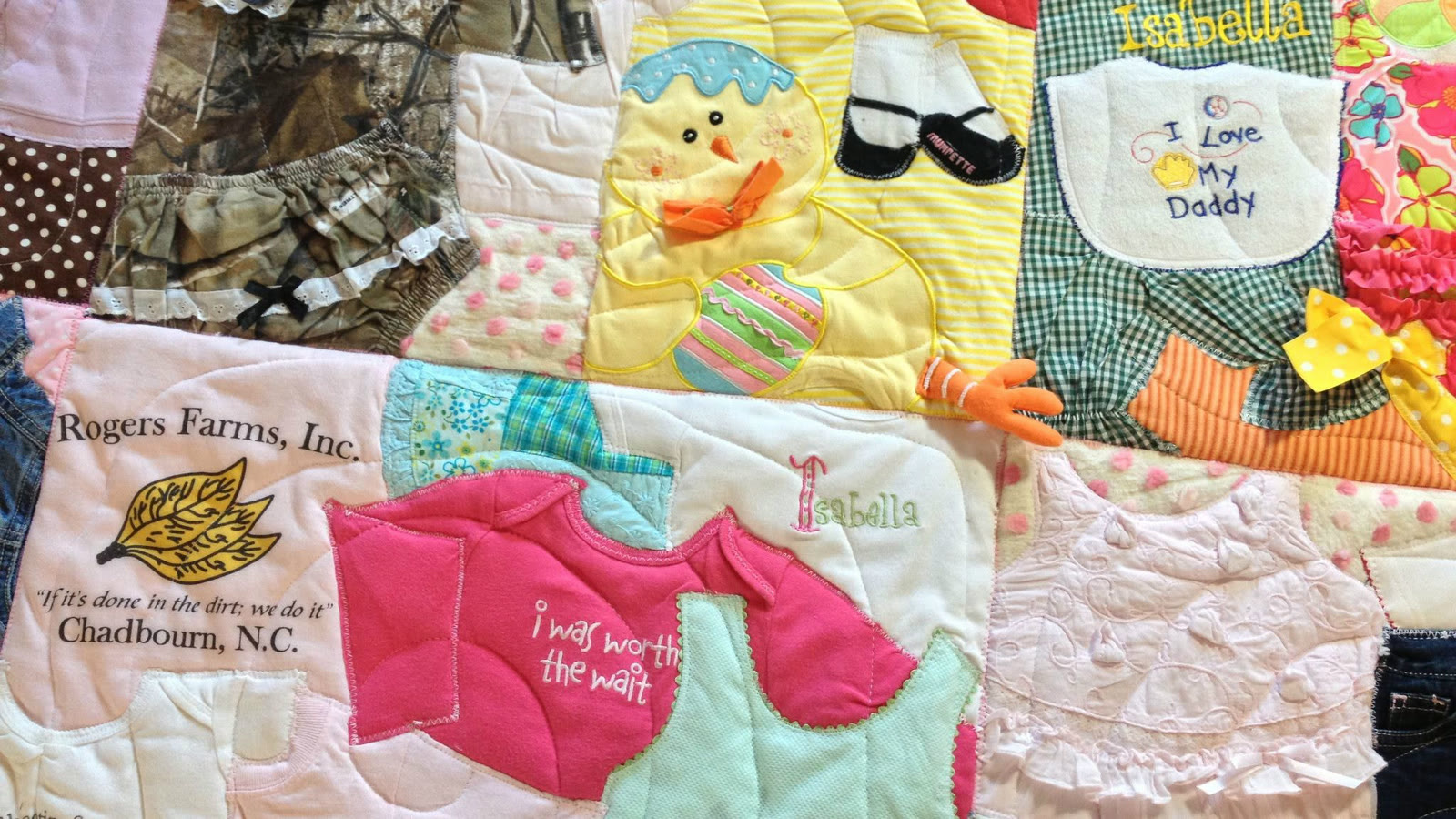 Lala laying out a baby-clothes memory quilt in her North Myrtle Beach studio.